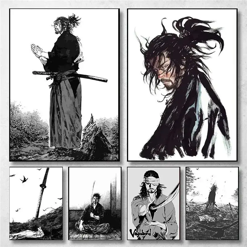 Anime Merchandise Posters - ศิลปะติดผนังอนิเมะญี่ปุ่นสไตล์วินเทจ มิยาโมโตะ มุซาชิ วากาบอนด์ นักรบบูชิโด โปสเตอร์ภาพวาดบนผ้าใบ