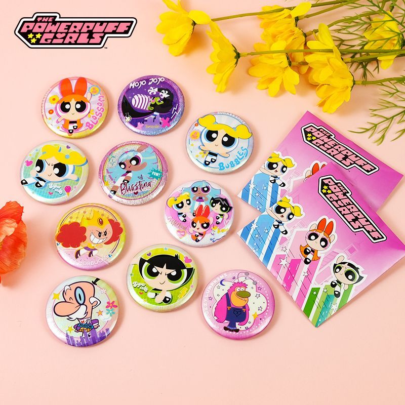 Official Merchandise Anime - กล่องสินค้าพาวเวอร์พัฟเกิร์ลของแท้แบบครบชุด กล่องสุ่มเข็มกลัดโลหะแบบมีกลิตเตอร์วิบวับ ของสะสม 1 ชิ้นแบบสุ่ม